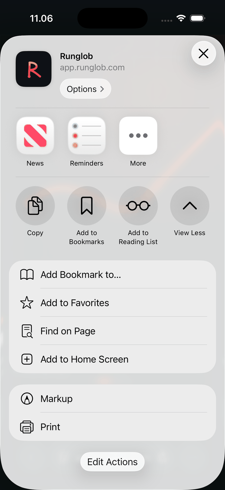 The share sheet expanded, with Add to Home Screen visible